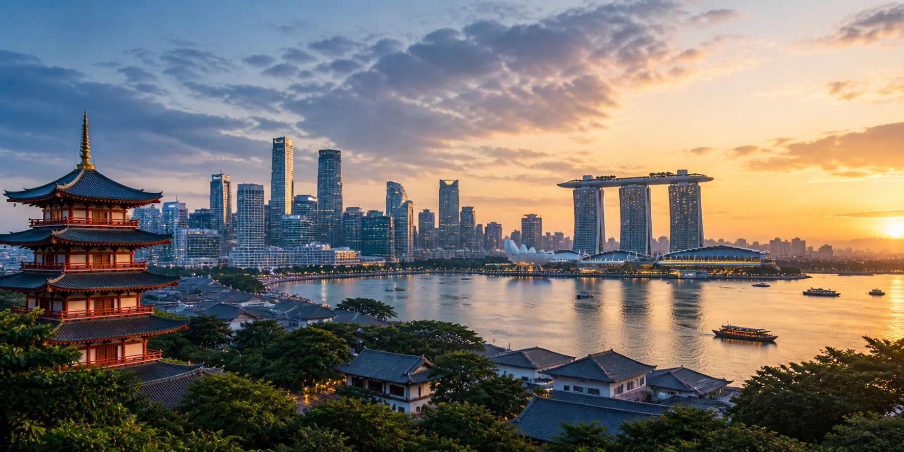 Asia cruise with cultural landmarks, temples, and vibrant city scenery